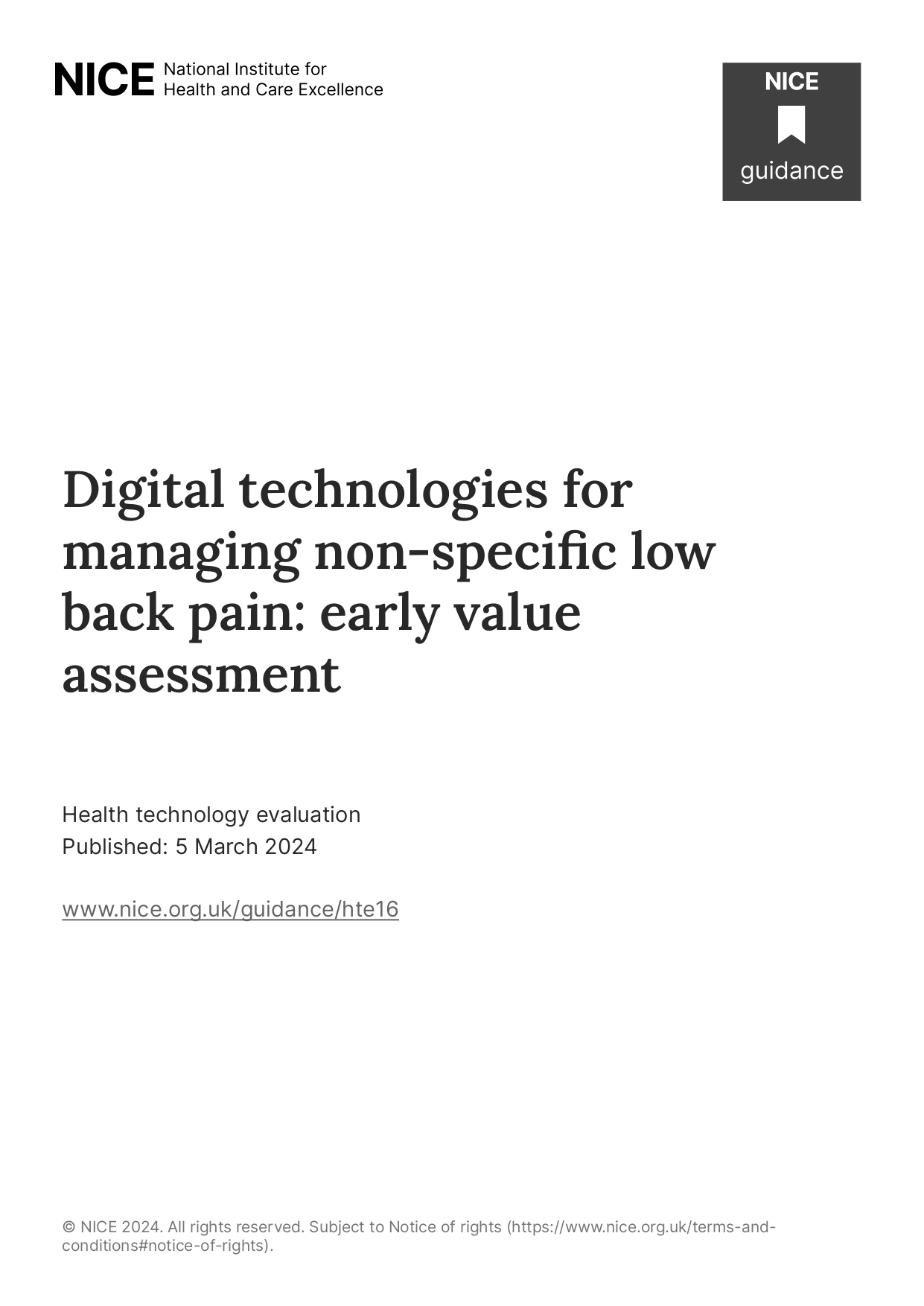 The first page of NICE's report called "Digital technologies for managing non-specific low back pain: early value assessment"
